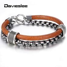 Davieslee Mens Leather Bracelet Stainless Steel Chain Box TO Buckle Black Brown Fashion Bracelets For Men Dropshipping LDLB70 2024 - buy cheap