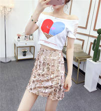 2021 Summer Women Sexy Set Slash Neck Off-The-Shoulder Print Hole Short T Shirt+High Waist Sequined Penci Skirt 2-piece Sets 2024 - buy cheap