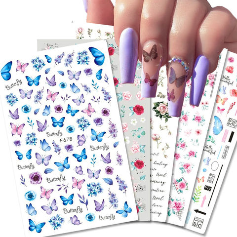 Наклейки 3D для дизайна ногтей, наклейки с синей бабочкой, листьями, цветами, Слайдеры для ногтей, клейкие дизайнерские аксессуары для ногтей, маникюрные LEF672-681 2022 - купить недорого