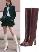 Woman Black Burgundy White Brown Leather 9 cm Square Heels Knee High Boots Square Toe Slip On Tube Long High Top Boots Shoes 2024 - buy cheap