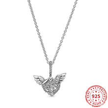 Real 100% 925 Sterling Silver Pave Heart Angle Wings CZ Pendant Necklaces Of Pandola for Women Jewelry 2024 - buy cheap