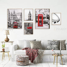 Grey and Red Cityscape Canvas Poster Nordic Decoration Bell Tower Bus Wall Art Print Painting Decorative Picture Home Decor 2024 - buy cheap