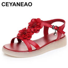 Ceyaneao-Sandalias planas de piel auténtica para mujer, chanclas antideslizantes con fondo suave de talla grande, a la moda, con flores, novedad de verano 2024 - compra barato