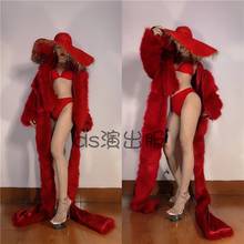 Casaco vermelho dwy5007 para mulheres, roupa de biquíni longo de capa, para pole/jazz/gogo, dança, boate, festa, cantoras, palco sexy 2024 - compre barato