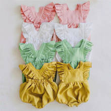 Macacão de algodão para bebês meninas, roupas suspensas de linho com babado para bebês recém-nascidos primavera-verão 2024 - compre barato