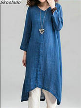 Simple autumn spring Women Casual solid mid sleeve Dress round Neck good cotton Linen good Dress holiday comfortable lady dress