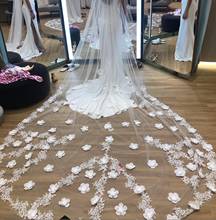 Luxo 3/5 metros branco/marfim casamento véus longo borda do laço 3d flores applique catedral véu de noiva com pente acessórios 2021 2024 - compre barato