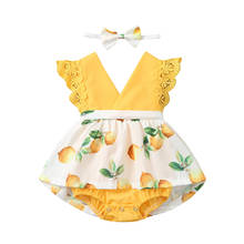 Baby Girl Clothes Lemon Print Clothes Set Sleeveless V-neck Jumpsuit With Ruffles Bow-knot Headband Children's Clothing Sets 2024 - buy cheap