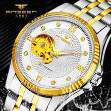 Reloj de pulsera de acero para hombre, cronógrafo mecánico automático con diseño de esqueleto de diamante, esfera dorada, Tourbillon 2024 - compra barato