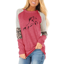 Autumn women Running Horse Funny Print T Shirt Women leopard color matching stripe round neck loose top long sleeve T-shirt 2024 - buy cheap