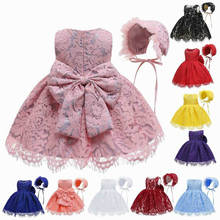 Кружевное платье для маленьких девочек, новинка 2020, стильное пушистое бальное платье с большим бантом, платье для крестины на первый день рождения, детская одежда с шапочкой, 8350BB 2024 - купить недорого