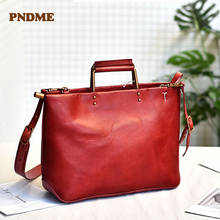 Pndme bolsa de mão retrô feminina couro legítimo, bolsa de mão de grande capacidade diária, casual e simples para trabalho e festa, bolsa diagonal 2024 - compre barato