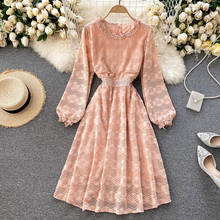 Женское элегантное платье с длинным рукавом, новое осеннее женское розовое кружевное платье с воротником в виде листьев лотоса, винтажные праздвечерние платья, 2020 2024 - купить недорого