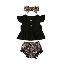 3PCS Infant Kids Baby Girls Boys Clothes Sets Ruffles Sleeve Black T Shirts Tops Leopard Floral Print Tassel Shorts Headband 2024 - buy cheap