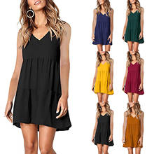 Loose Summer Dress Cotton Sexy Black Halter V-neck Ruffled Women Casual Spaghetti Strap Mini Beach Clothes For Women 2021 2024 - buy cheap