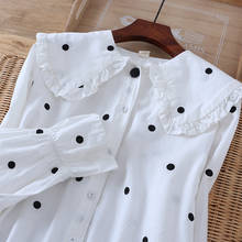 Lamtrip Unique Black Dots Embroidery Sweet Brief Peter Pan Collar Cotton 100% Long Sleeve Shirt Blouse 2021 Spring 2024 - buy cheap