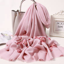 Bufanda de lana bordada fina para mujer, chales de color rosa sólido, envolturas para bodas, pashmina de invierno, 100% bufandas de lana, Hiver 2024 - compra barato