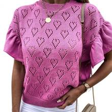 T-shirt Solid Color Knitted Top Women Short Ruffle Sleeve Hollow Heart Blouse for Spring/Summer 2024 - buy cheap