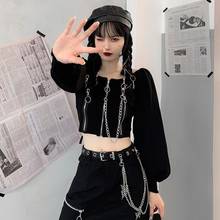 autumn black long sleeve crop tops women korean kpop vintage square collar white solid woman t shirts punk cosplay 2024 - buy cheap