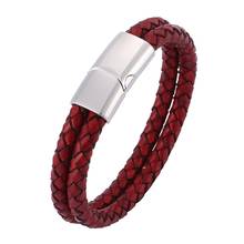 Pulseiras femininas bb0510, bracelete de couro genuíno vermelho vintage com trança 2024 - compre barato