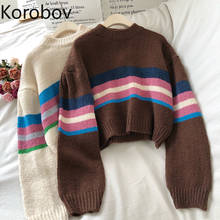 Новинка 2020, женские свитера Korobov с круглым вырезом, винтажные короткие пуловеры в радужную полоску в стиле пэчворк, уличная одежда, толстый женский свитер 2024 - купить недорого