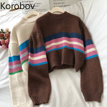 Korobov 2020 New O Neck Women Sweaters Vintage Rainbow Striped Patchwork Short Pullovers Streetwear Thick Sueter Mujer 2024 - buy cheap