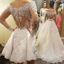 Luxury Crystals Beading Bodice Wedding Dress Boho Long Sleeves Boat Neck Appliques Bridal Gown Detachable Train Vestos De Novias 2024 - buy cheap