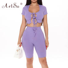 ArtSu Ribbed Elastic 2 Piece Set Women Short Sleeve Lace Up Crop Top And Shorts Matching Set Casual Jogging Tracksuit Outfits 2024 - buy cheap