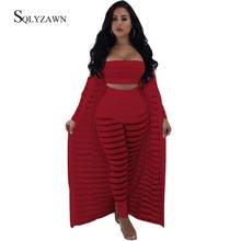Women Sexy Mesh Hollow Out Stripe 3 Piece Set Maxi Tube Crop Top + Cape Cardigan + Transparent Pants Red Black Matching Outfit 2024 - buy cheap