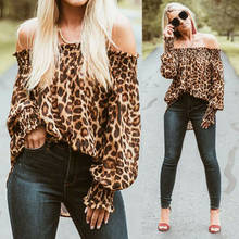 Blusa holgada de manga larga con hombros descubiertos para mujer, camisa Sexy con estampado de leopardo, Tops de verano, otoño 2024 - compra barato