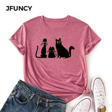 Jfunção y plus size camiseta de manga curta feminina, camiseta de algodão engraçada estampa de gato desenhos animados, camiseta feminina de verão 2024 - compre barato