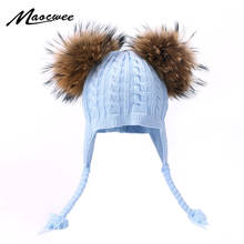 Gorro de algodón para bebés de 1 a 6 años, gorros de invierno para niños y niñas, gorros gruesos y cálidos con orejas de punto, gorro de piel Natural Real con dos pompones, 2019 2024 - compra barato