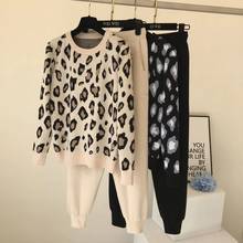 2020 Autumn Winter Women Knitted Tracksuits Leopard Knitted Pullover Sweater + Pocket Ankle-Length Pants Homewear Two Piece Set 2024 - buy cheap