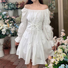 2021 Spring Summer Off Shoulder Women White Dress Ladies Elegant Long Sleeve Lace Up Pleated Dress Female Korean A Line Dresses 2024 - buy cheap