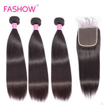 Fashow Indian Human Hair 3/4 Pieces Straight Bundles With Closure 4*4 Frontal Swiss Lace Natural Color Hair Remy Hair For Women 2024 - buy cheap