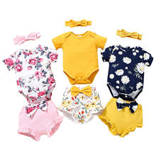 2021 New Summer 0-18M Baby Girl 3Pcs Set Rose/Floral Print/Solid Color Short Sleeve Bodysuit+Ruffled Bow Shorts+Headband Clothes 2024 - buy cheap