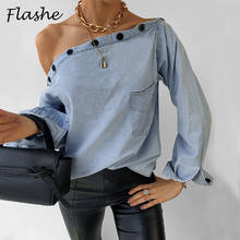 Fashion Women Shirt 2021 Spring Autumn Tee One Shoulder Denim Blue Shirt Women Button Shirt Long Sleeve Work Tops Ladies 2024 - buy cheap