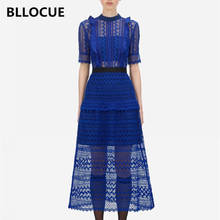 2020 летнее голубое кружевное платье с коротким рукавом, элегантное просвечивающее длинное платье для подиума 2024 - купить недорого