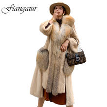 Ftangaiur 2021 Winter Import Crown Velvet Mink Fur Coat Women Golden Island Fox Collar Pockets Natural Real Mink Fur Coats 2024 - buy cheap