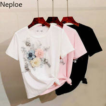 Neploe Embroidery Appliques 3D Flowers T Shirts Women 2022 Summer Fashion O Neck Short Sleeve Tops Korean Plus Size Tees 1D294 2024 - buy cheap