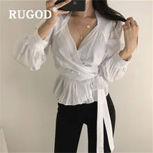 RUGOD-blusa con volantes y manga larga para mujer, camisa elegante con cuello de pico y cinturón, 2020 2024 - compra barato