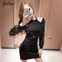 Jielur Off Shoulder Dress Women Sequined Splice Sexy Spring Autumn Dress Lady Long Sleeve Hip Bag Slim Party Clubwear Mujer 2024 - buy cheap