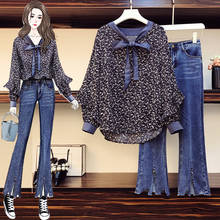 Conjunto de chiffon plus size 4xl de chiffon feminino, conjunto duas peças 2021 da moda para mulheres blusa de chiffon com estampa solta + jeans casual s285 2024 - compre barato
