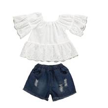 Conjunto de roupas de verão para crianças de 1 a 7 anos, camiseta branca com manga borboleta e shorts em jeans, 2 peças 2024 - compre barato