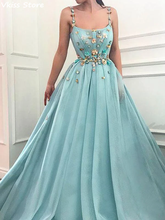 Sky Blue Evening Dress A-line Spaghetti Strap Floor Length Tulle Square Neck Flowers Sexy Prom dresses for women 2020 elegant 2024 - buy cheap