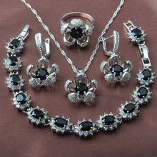 Increíble conjunto de joyas de Color plateado y cristal negro para mujer, regalo de boda y Navidad, pendientes, anillos, pulsera, collar, Set YZ0618 2024 - compra barato