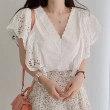 2022 Summer Short Sleeve Women Tops Korean Embroidered Hollow Out Ruffle Lace Shirt Deep V-neck Loose Solid Blouse Elegant 13947 2024 - buy cheap