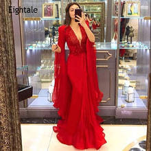 Eightale Arabic Evening Dresses V-Neck Beaded with Crystal Prom Gown Chiffon Custom Made Red Dubai Mermaid Party Dress 2024 - buy cheap