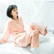 Pijama japonés de gasa de alta calidad 100% de algodón con cuello en V, Kimono, talla grande, estampado Floral, ropa de dormir, Conjunto de pijama 2024 - compra barato