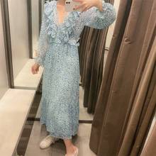 2021 Fall Women's New Long Sleeve V-neck Elastic Waist Belt Lining Laminated Decorative Printed Midi Dress 2024 - buy cheap